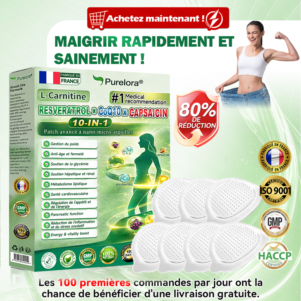 🔥Nouveautés : 80 % de réduction | Patch nano-micro-aiguilles 10-en-1 Purelora® L-carnitine, resvératrol × CoQ10 × capsaïcine (Une seule application par jour, résultats visibles en 7 jours) ✅ Favorise la gestion du poids, la fermeté de la peau