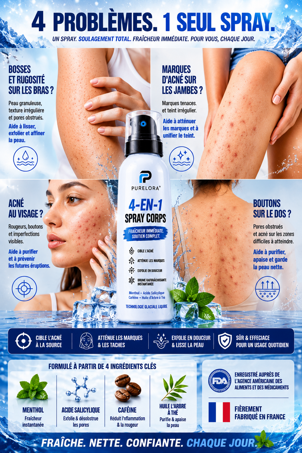 🔥【Boutique Officielle】PURELORA® Spray Corporel 4-en-1 — Anti-Acné · Atténue les Marques · Lisse les Imperfections · Brume Exfoliante | Acide Salicylique + Menthol + Caféine + Huile d’Arbre à Thé | Fabriqué en France