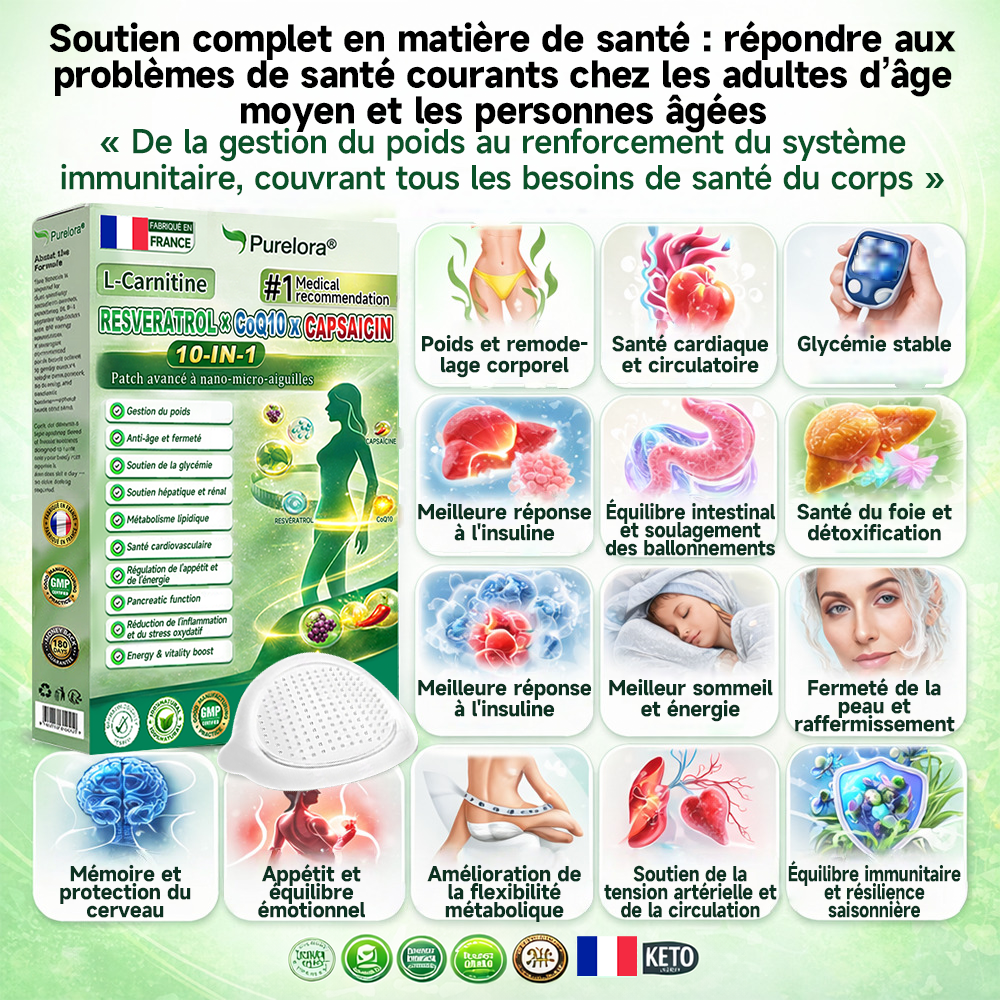 🔥Nouveautés : 80 % de réduction | Patch nano-micro-aiguilles 10-en-1 Purelora® L-carnitine, resvératrol × CoQ10 × capsaïcine (Une seule application par jour, résultats visibles en 7 jours) ✅ Favorise la gestion du poids, la fermeté de la peau