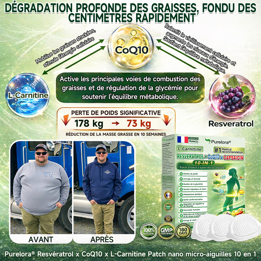 🔥Nouveautés : 80 % de réduction | Patch nano-micro-aiguilles 10-en-1 Purelora® L-carnitine, resvératrol × CoQ10 × capsaïcine (Une seule application par jour, résultats visibles en 7 jours) ✅ Favorise la gestion du poids, la fermeté de la peau