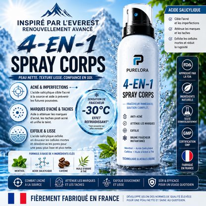 🔥【Boutique Officielle】PURELORA® Spray Corporel 4-en-1 — Anti-Acné · Atténue les Marques · Lisse les Imperfections · Brume Exfoliante | Acide Salicylique + Menthol + Caféine + Huile d’Arbre à Thé | Fabriqué en France