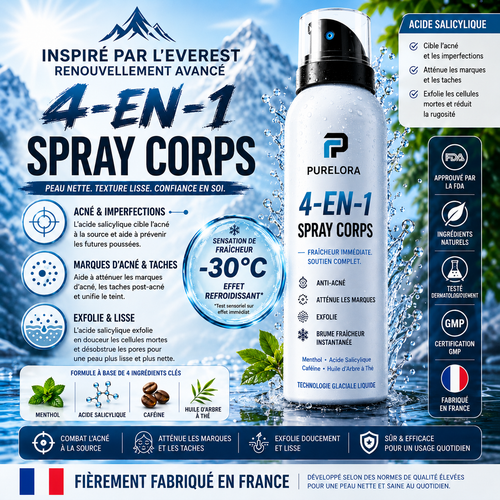 🔥【Boutique Officielle】PURELORA® Spray Corporel 4-en-1 — Anti-Acné · Atténue les Marques · Lisse les Imperfections · Brume Exfoliante | Acide Salicylique + Menthol + Caféine + Huile d’Arbre à Thé | Fabriqué en France