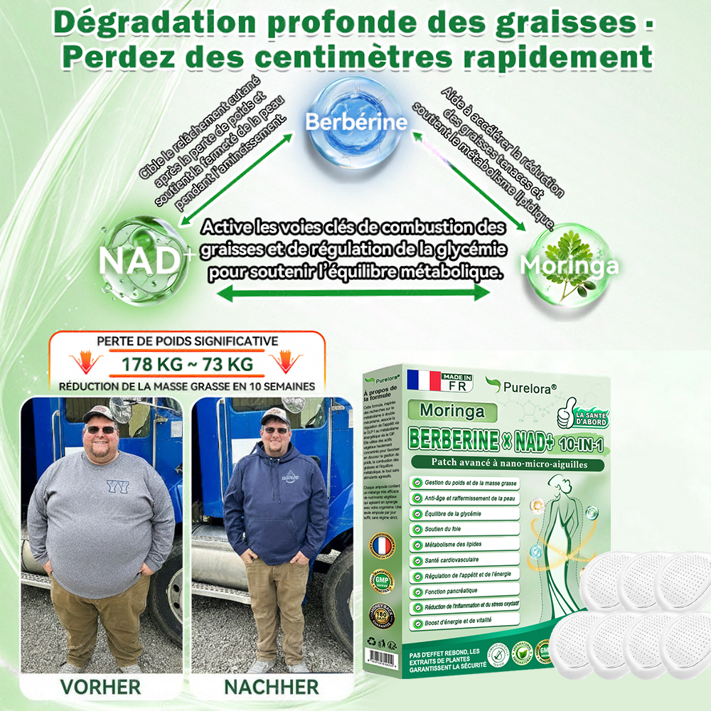 🏆 Recommandation n°1丨Purelora® Moringa Berbérine x NAD+ Patch Nano-Microneedle 10-en-1 Une application par jour, changements visibles dès 7 jours. Pour accompagner la gestion du poids, la fermeté de la peau et le bien-être global.