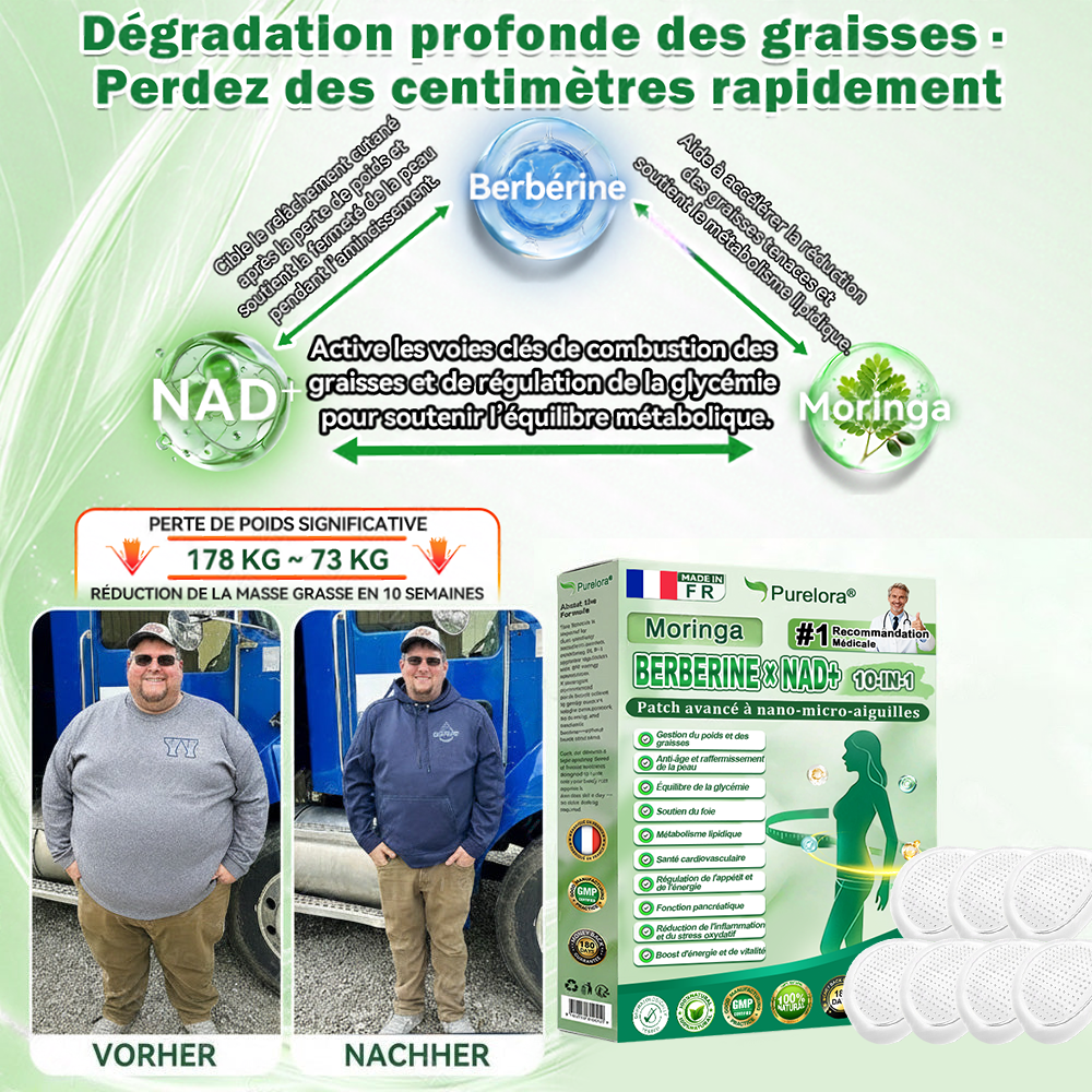 ⏰ Coup de cœur – temps limité丨Purelora® Moringa Berbérine x NAD+ Patch Nano-Microneedle 10-en-1 Une application par jour, changements visibles dès 7 jours. Pour accompagner la gestion du poids et le bien-être global