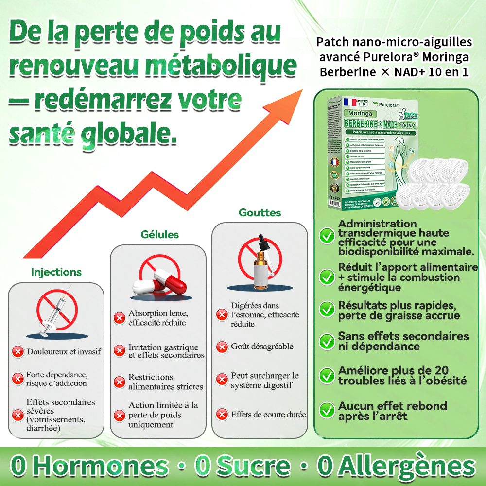 🏆 Recommandation n°1丨Purelora® Moringa Berbérine x NAD+ Patch Nano-Microneedle 10-en-1 Une application par jour, changements visibles dès 7 jours. Pour accompagner la gestion du poids, la fermeté de la peau et le bien-être global.