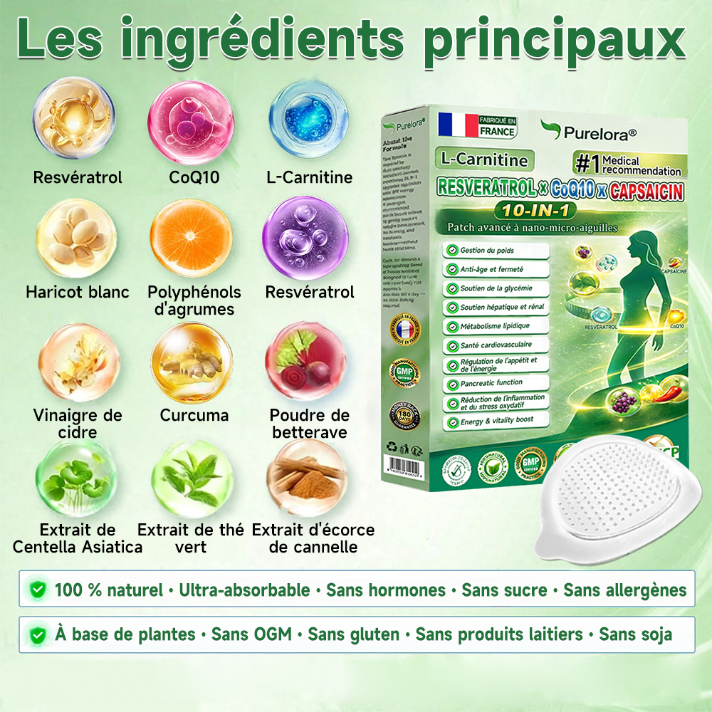 🔥Nouveautés : 80 % de réduction | Patch nano-micro-aiguilles 10-en-1 Purelora® L-carnitine, resvératrol × CoQ10 × capsaïcine (Une seule application par jour, résultats visibles en 7 jours) ✅ Favorise la gestion du poids, la fermeté de la peau
