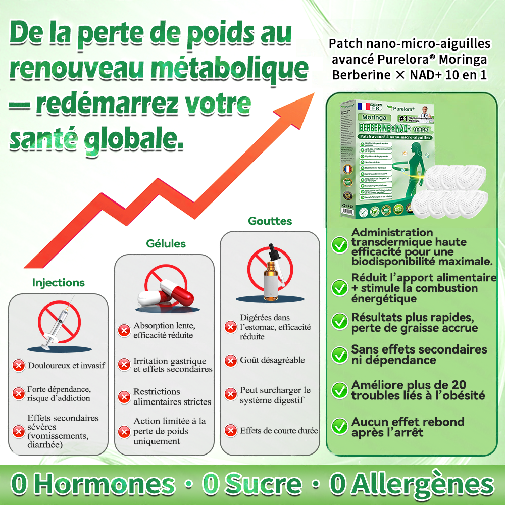 ⏰ Coup de cœur – temps limité丨Purelora® Moringa Berbérine x NAD+ Patch Nano-Microneedle 10-en-1 Une application par jour, changements visibles dès 7 jours. Pour accompagner la gestion du poids et le bien-être global