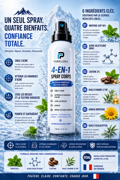 🔥【Boutique Officielle】PURELORA® Spray Corporel 4-en-1 — Anti-Acné · Atténue les Marques · Lisse les Imperfections · Brume Exfoliante | Acide Salicylique + Menthol + Caféine + Huile d’Arbre à Thé | Fabriqué en France