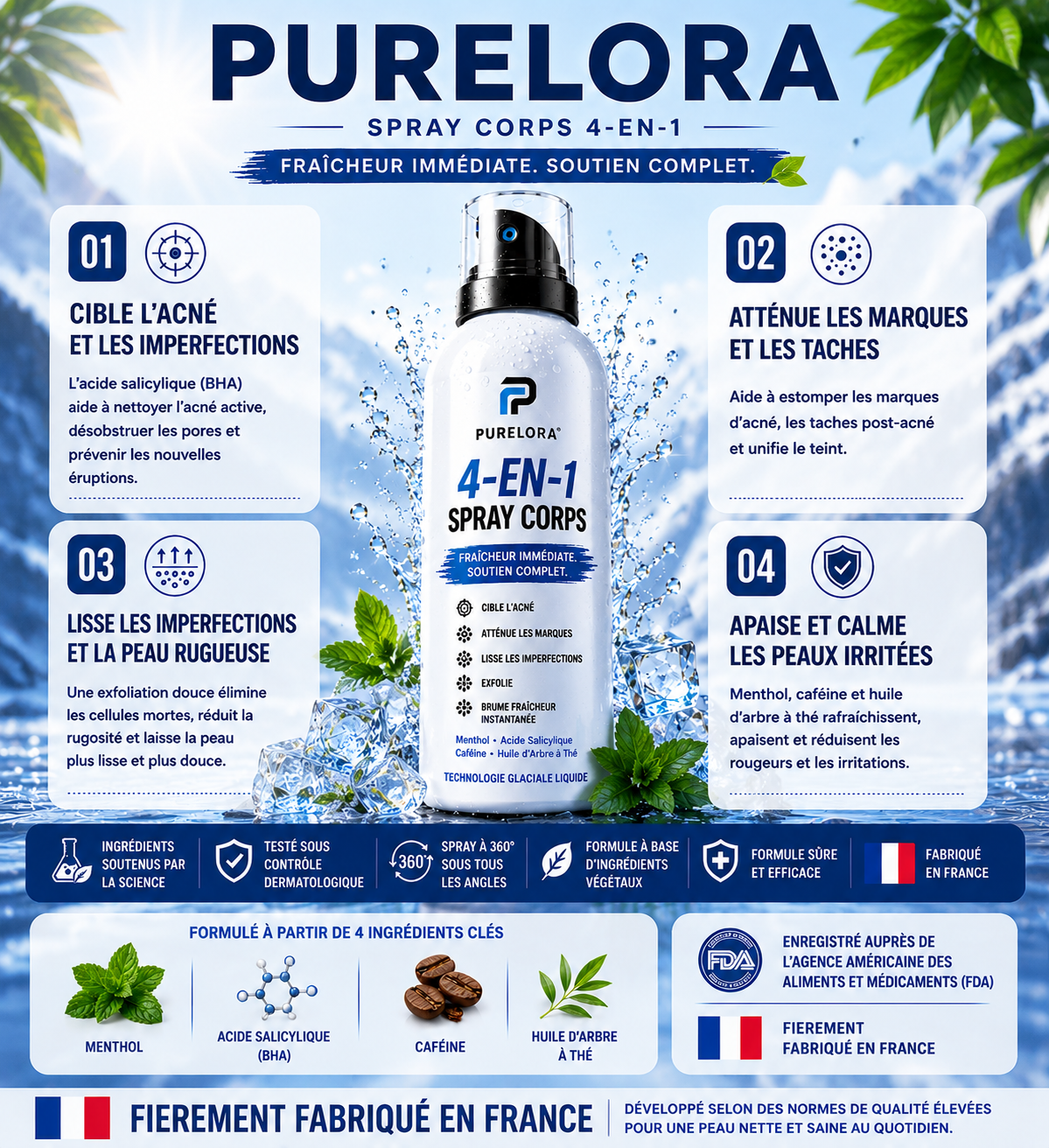 🔥【Boutique Officielle】PURELORA® Spray Corporel 4-en-1 — Anti-Acné · Atténue les Marques · Lisse les Imperfections · Brume Exfoliante | Acide Salicylique + Menthol + Caféine + Huile d’Arbre à Thé | Fabriqué en France