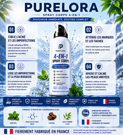 🔥【Boutique Officielle】PURELORA® Spray Corporel 4-en-1 — Anti-Acné · Atténue les Marques · Lisse les Imperfections · Brume Exfoliante | Acide Salicylique + Menthol + Caféine + Huile d’Arbre à Thé | Fabriqué en France