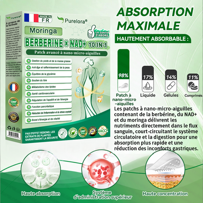 🏆 Recommandation n°1丨Purelora® Moringa Berbérine x NAD+ Patch Nano-Microneedle 10-en-1 Une application par jour, changements visibles dès 7 jours. Pour accompagner la gestion du poids, la fermeté de la peau et le bien-être global.