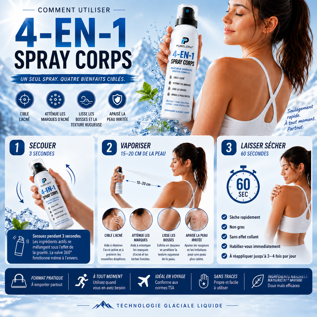 🔥【Boutique Officielle】PURELORA® Spray Corporel 4-en-1 — Anti-Acné · Atténue les Marques · Lisse les Imperfections · Brume Exfoliante | Acide Salicylique + Menthol + Caféine + Huile d’Arbre à Thé | Fabriqué en France