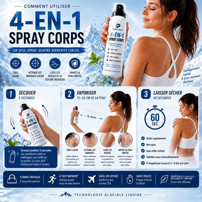 🔥【Boutique Officielle】PURELORA® Spray Corporel 4-en-1 — Anti-Acné · Atténue les Marques · Lisse les Imperfections · Brume Exfoliante | Acide Salicylique + Menthol + Caféine + Huile d’Arbre à Thé | Fabriqué en France