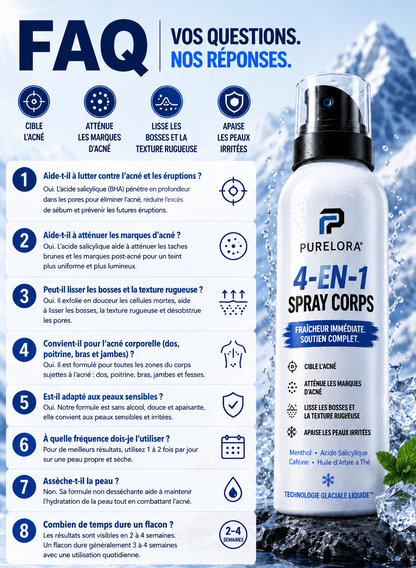 🔥【Boutique Officielle】PURELORA® Spray Corporel 4-en-1 — Anti-Acné · Atténue les Marques · Lisse les Imperfections · Brume Exfoliante | Acide Salicylique + Menthol + Caféine + Huile d’Arbre à Thé | Fabriqué en France