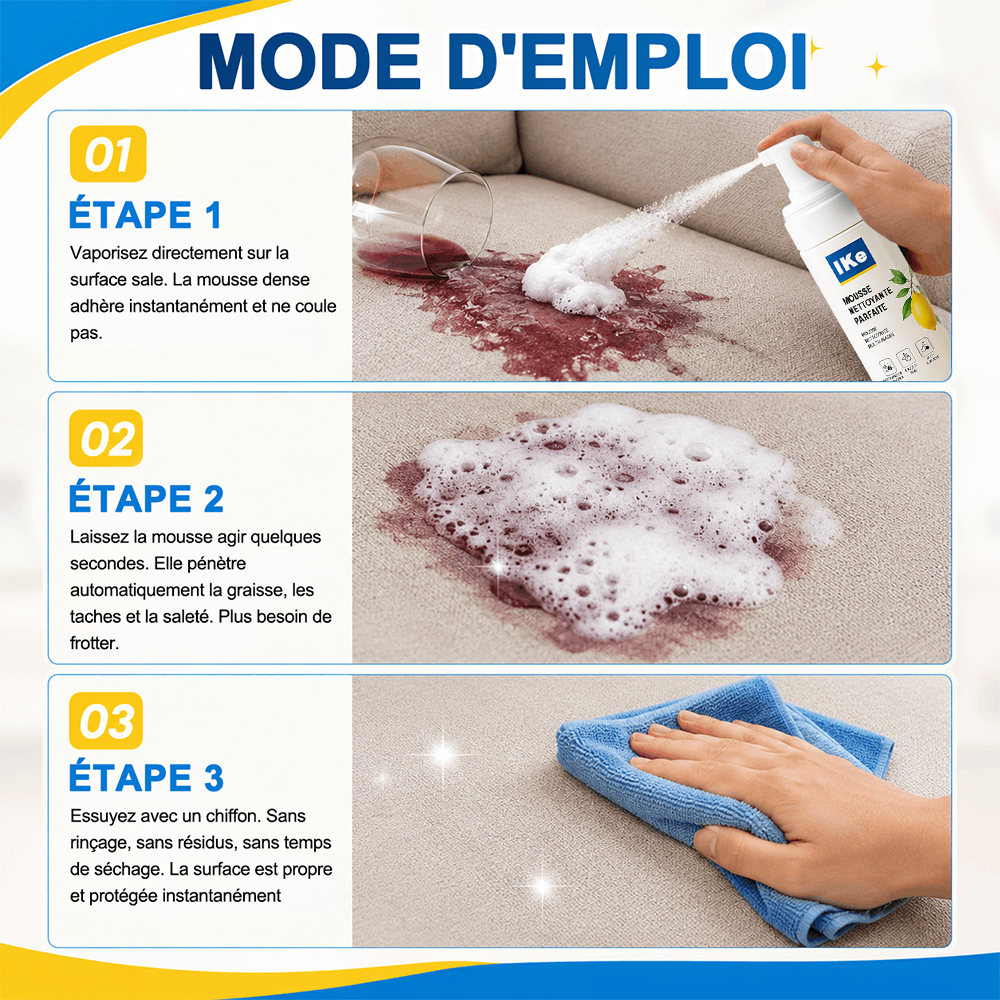 ⚡️DERNIER JOUR : -60 % | Mousse Nettoyante Sans Rinçage — Vaporisez, Essuyez, C'est Propre !