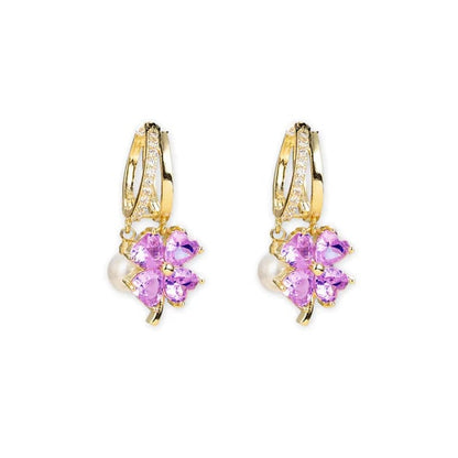 (🔥DERNIER JOUR – 80 % DE RÉDUCTION🔥)丨 Boucles d'oreilles en germanium avec magnétothérapie lymphatique pour la perte de poids – Cristal violet, fleur à quatre pétales et perle, nouveaux bijoux d'oreilles légers et luxueux