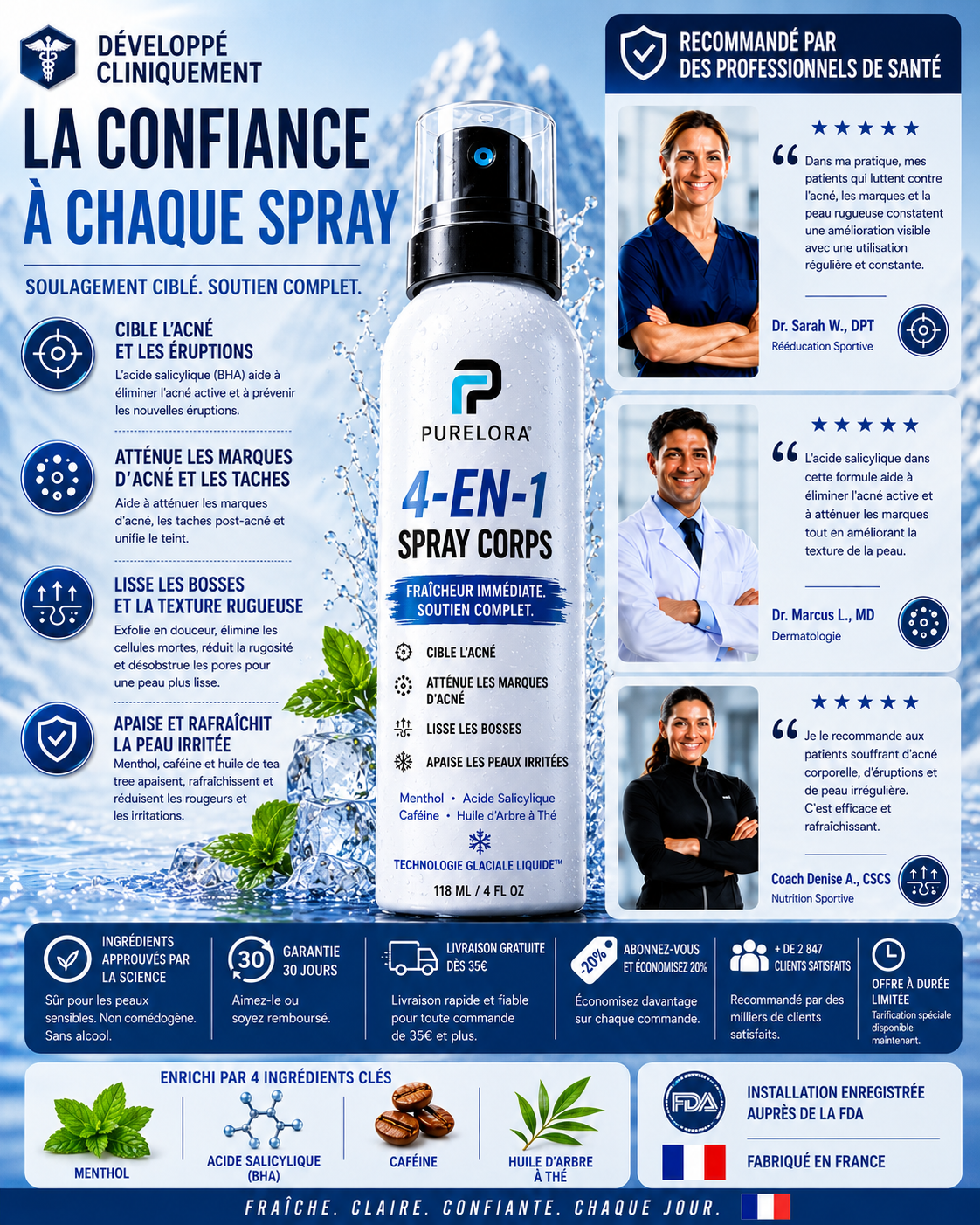 🔥【Boutique Officielle】PURELORA® Spray Corporel 4-en-1 — Anti-Acné · Atténue les Marques · Lisse les Imperfections · Brume Exfoliante | Acide Salicylique + Menthol + Caféine + Huile d’Arbre à Thé | Fabriqué en France