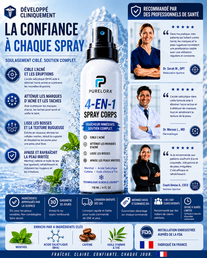 🔥【Boutique Officielle】PURELORA® Spray Corporel 4-en-1 — Anti-Acné · Atténue les Marques · Lisse les Imperfections · Brume Exfoliante | Acide Salicylique + Menthol + Caféine + Huile d’Arbre à Thé | Fabriqué en France
